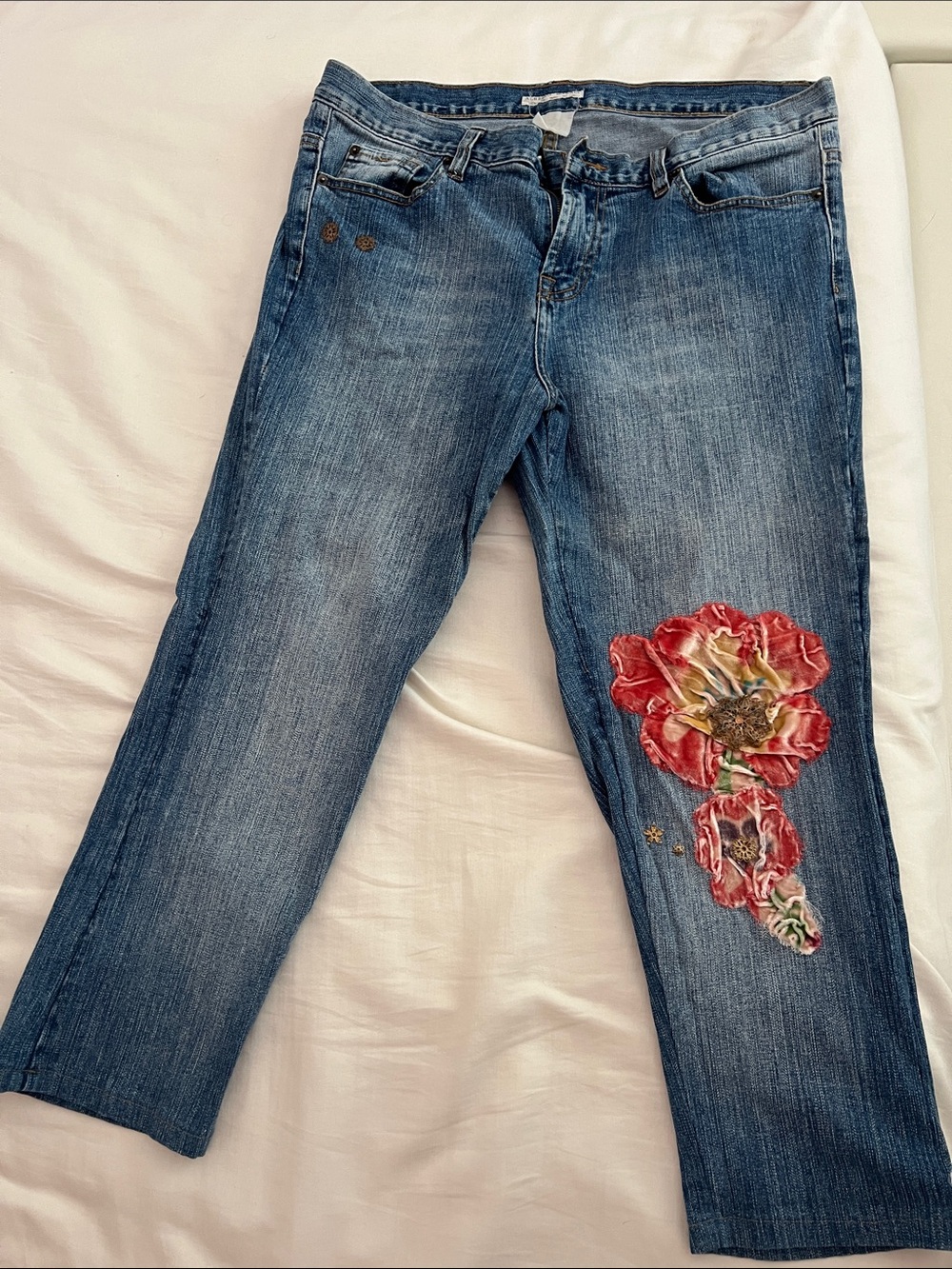 Alberto Makali Mid-Wash Blue Straight Leg Jeans with Red Floral Appliqué